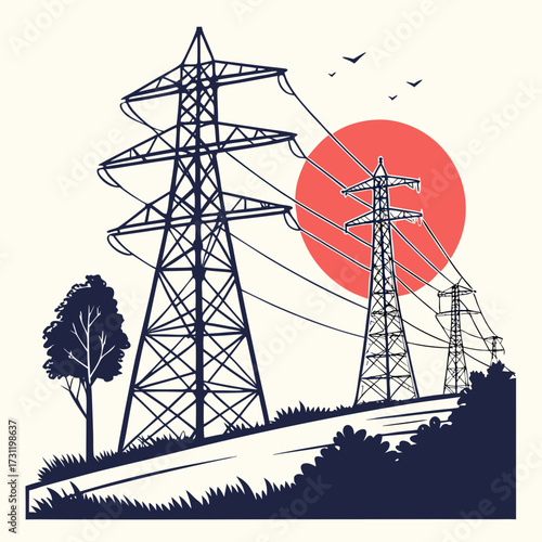 Silhouette of electricity pylons against a vibrant red sun and a clear sky with birds flying