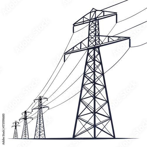 A line of electricity pylons with power lines stretching into the distance against a white background