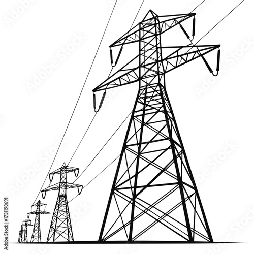 A line of imposing black and white high voltage electricity pylons stretching into the distance against a white background