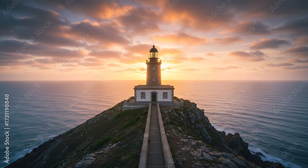 Fototapeta premium Lighthouse on hilltop illuminated at sunset over ocean