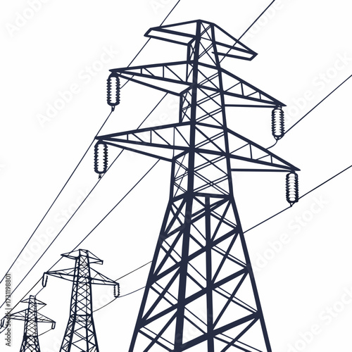Modern power transmission towers with high voltage electricity lines against a clean white background