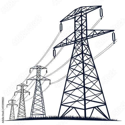 Multiple dark blue power pylons with electrical wires stretching across a white background with grass at the base