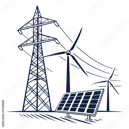 Renewable energy sources including wind turbines and solar panels connected to power lines and transmission tower