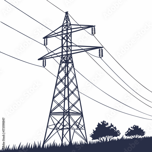 Silhouette of a tall electricity pylon with power lines stretching across a white background over grass and trees
