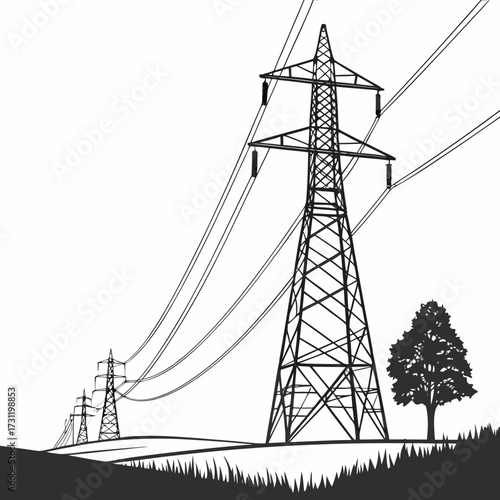 Silhouette of a power line pylon with electrical cables stretching across a landscape with a tree