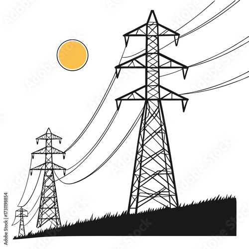 Silhouette of electricity pylons carrying power lines across a grassy landscape under a bright sun