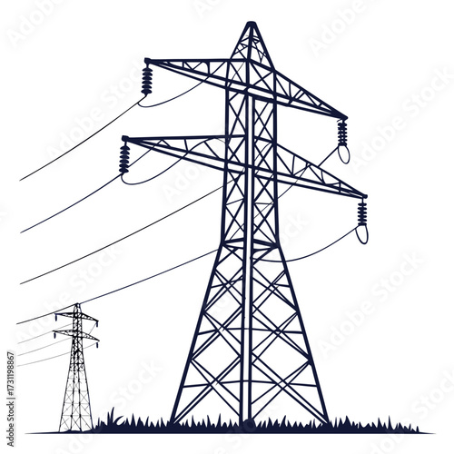 Silhouette of a large electricity pylon with power lines against a white background and smaller pylon in distance