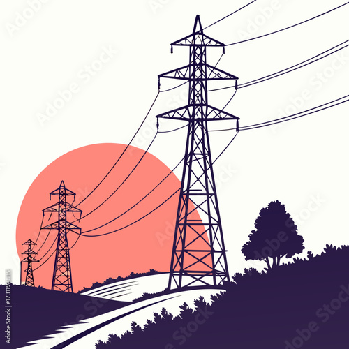 Silhouette of power transmission towers and electric lines against a large setting sun and stylized landscape