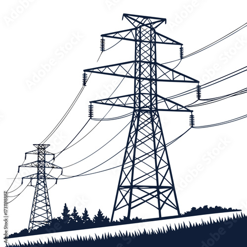 Silhouette of tall electrical power transmission towers and overhead lines against a white sky
