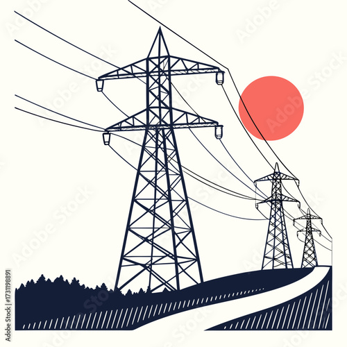 Silhouette of tall electricity pylons stretching across a landscape with a stylized sun in the background