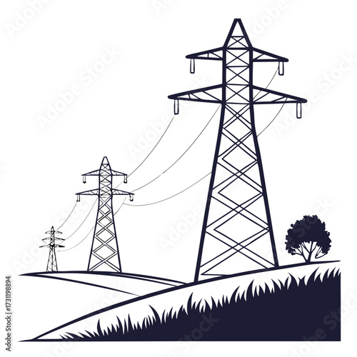 Silhouette of three power transmission towers standing on rolling hills with a single tree against a white background