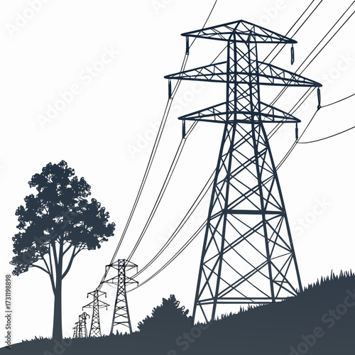 Silhouette of tall power transmission towers and electrical wires stretching across a grassy landscape with a tree