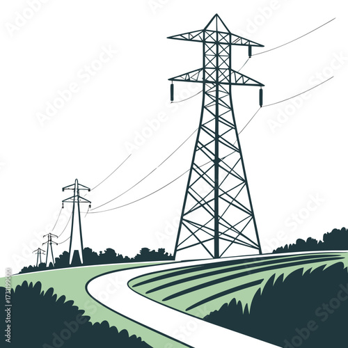Tall electricity pylon towers stand over a winding road and green fields under a white sky