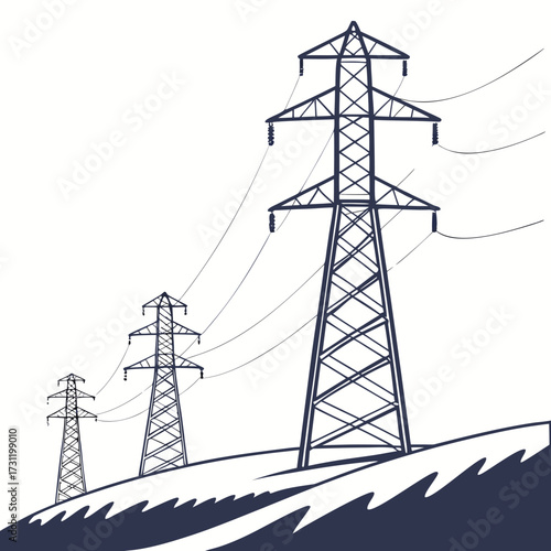 Three dark blue power transmission towers stand in a row on a white background with stylized ground