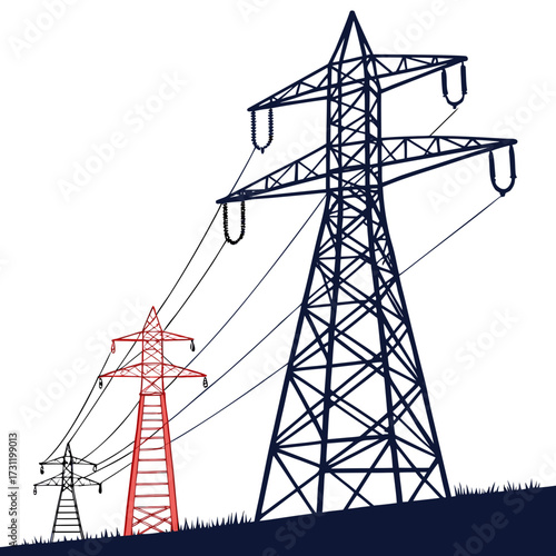 Three electricity pylons of varying sizes and colors stand on a grassy hill against a white background
