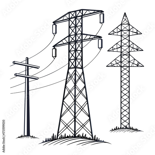 Three distinct types of electricity transmission towers and poles connected by wires against a white background