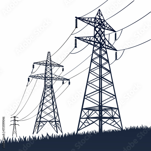 Three imposing dark blue power line towers stand tall against a white background with a silhouette of grass at the bottom