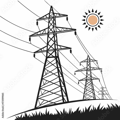 Towering electricity pylons carrying power lines across a grassy landscape under a bright sun