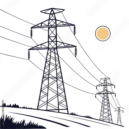 Towering electricity pylons carrying power lines across a landscape under a pale sun