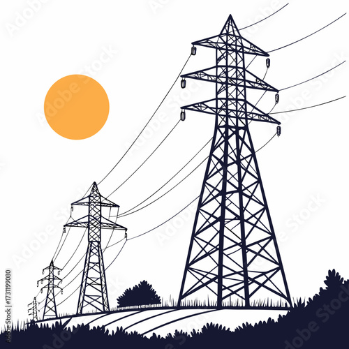 Towering electricity pylons stretch across the landscape under a bright orange sun and clear sky