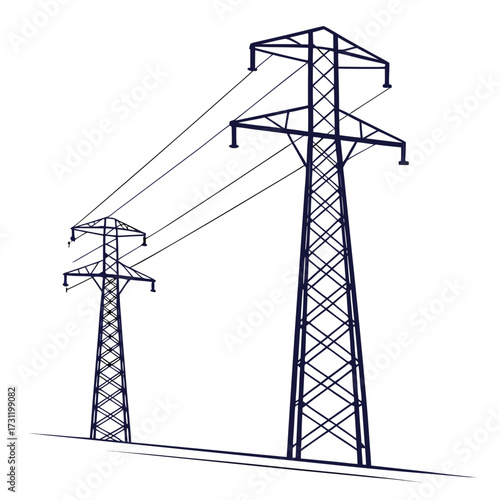 Two dark blue electricity pylons with power lines stretching across a white background