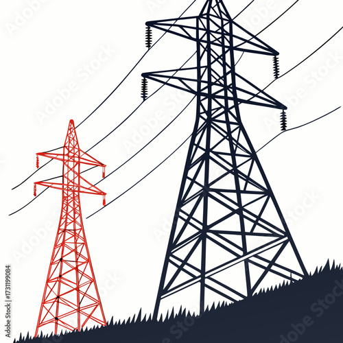Two contrasting power transmission towers one red and one dark blue stand tall against a white background with power lines