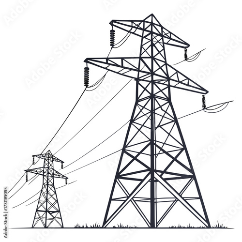 Two imposing steel electricity pylons stand tall against a white background with delicate grass at their base