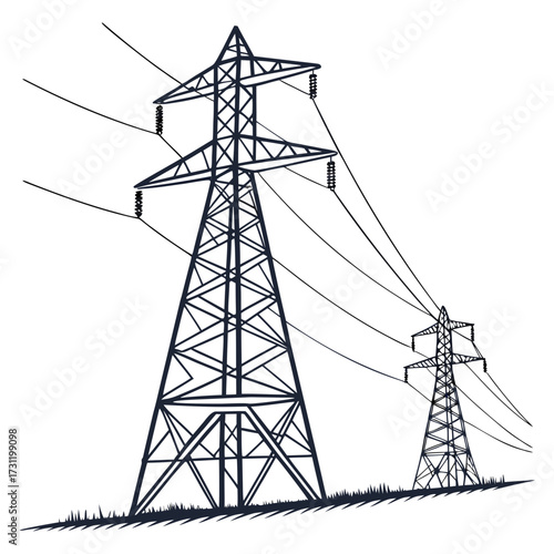 Two stylized power transmission towers with electrical wires stretching across a white background against a grassy foreground