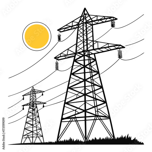 Two industrial power transmission towers silhouetted against a bright yellow sun and white sky with grass below