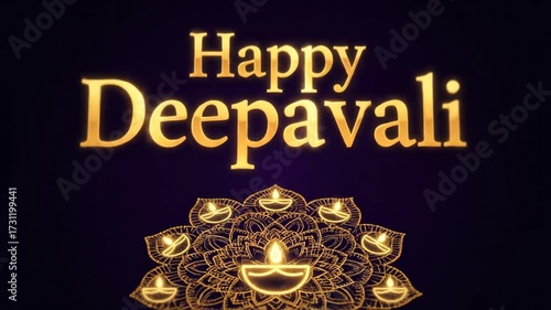 4k Diwali greeting with 'Happy Deepavali' in gold font above a mandala made of glowing oil lamps on a dark purple background creating a warm and festive mood.