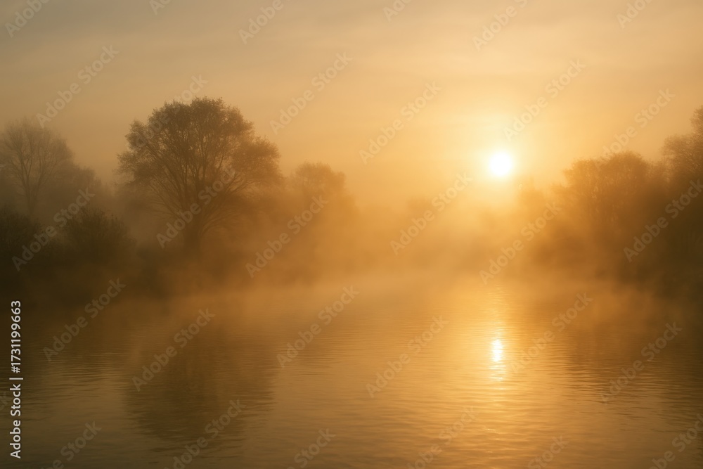 Fototapeta premium A serene river scene at sunrise, bathed in a soft, golden glow, evokes a sense of peace and tranquility. The mist rising from the water and the sun's reflection create a dreamlike atmosphere.