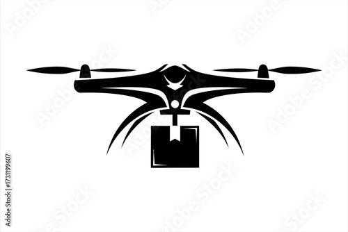 Black silhouette of a drone delivering a package against a white background delivery flying