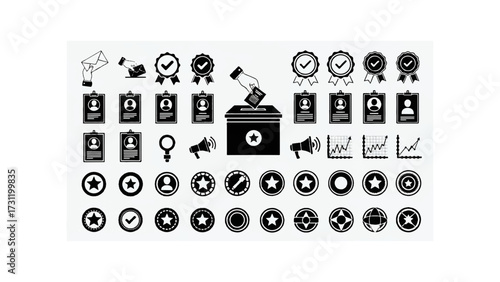 Illustration of voting icons including ballot box, badges, id cards, and star symbols arranged together