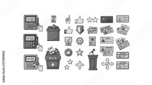 Illustration showcasing voting machines, ballot boxes, and voter identification cards in monochrome style