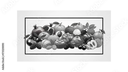 Monochromatic still life featuring a diverse assortment of fruits arranged in a decorative display style