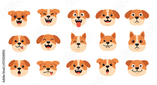 A collection of adorable dog faces displaying a variety of emotions.