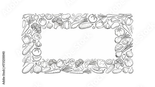Sketch of a rectangular frame made of various vegetables including carrots and broccoli and tomatoes and peppers