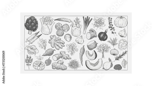 Illustration of a variety of vegetables including artichokes ginger and pumpkins in a monochrome drawing style