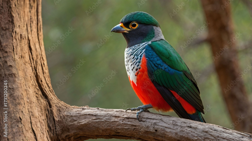 Obraz premium Elegant Trogon Perched in Sun-Dappled Canyon Ai 