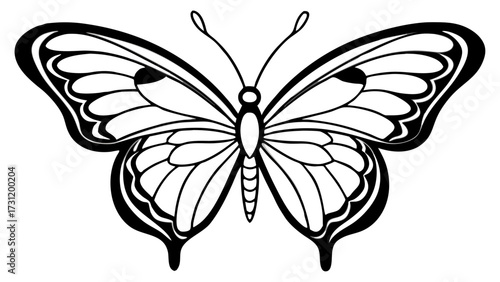 Monochrome line art butterfly design is isolated on a plain white background for crafts.