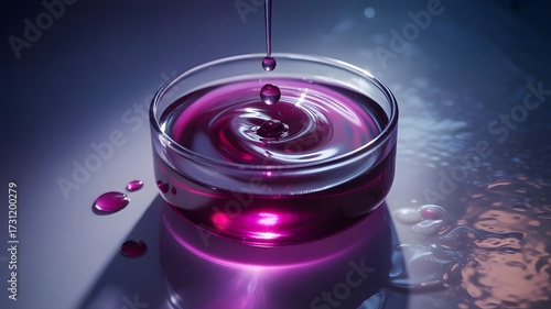 Futuristic Purple Liquid Drop in Glass Bowl – Antioxidant Skincare Concept