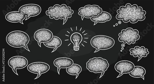 A collection of chalk drawings of speech bubbles and a lightbulb representing ideas and communication.