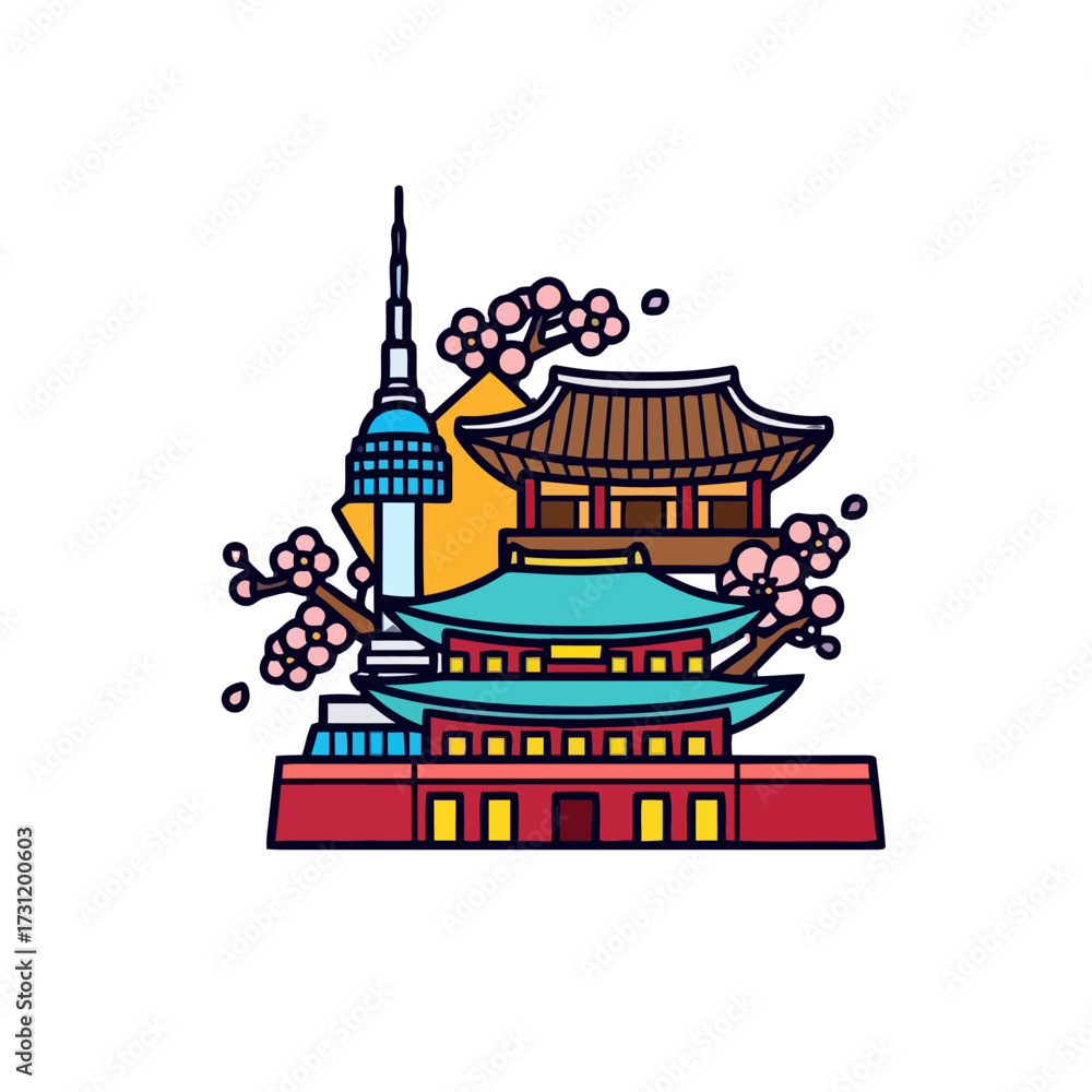 Fototapeta premium Stylized seoul landmarks including n seoul tower and traditional korean palaces with cherry blossoms, representing korean culture and tourism