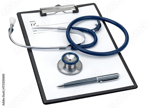 Medical Stethoscope with Prescription Pad and Pen Isolated on Transparent Background