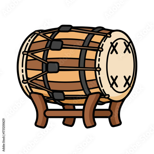 Traditional korean drum, known as janggu, depicted with its characteristic hourglass shape, wooden body, and taut drumheads