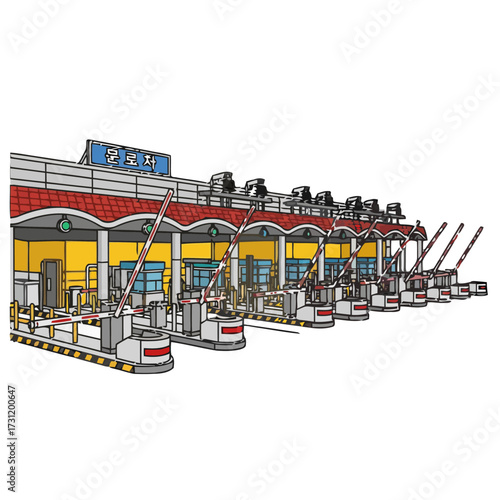 Row toll booths with red and striped barriers, common sight on highways for collecting tolls from vehicles