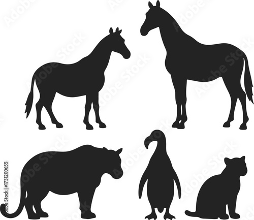 Silhouette of various animals including horse, zebra, penguin, tiger, and cat