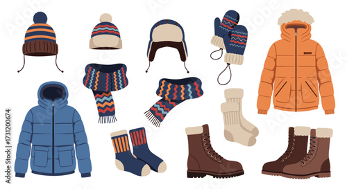 A collection of warm winter clothing items including hats scarves gloves socks and boots.