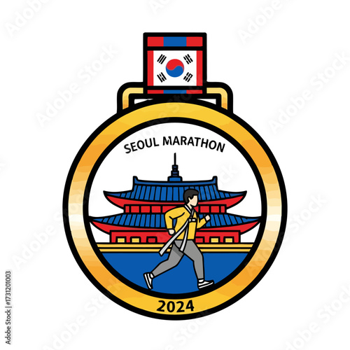 Seoul marathon 2024 medal featuring runner in front traditional korean building and the korean flag