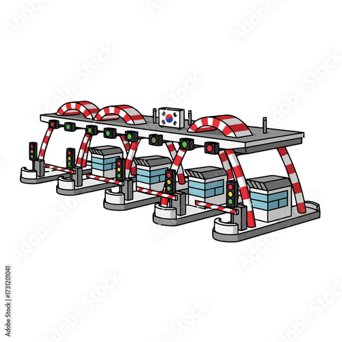 Modern toll booth plaza with multiple lanes, traffic lights, barriers, and the south korean flag